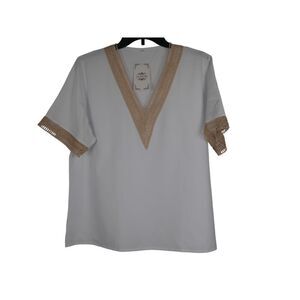 La Mode Women's White & Gold Lace-accent V-neck Top XL